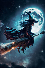 Witch flying on a broom in front of full moon. Designed using generative ai. 