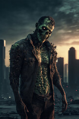 Zombie with rotten skin on front of burning city. Designed using generative ai. 