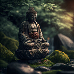 Meditating buddha statue in a zen garden. Designed using generative ai. 