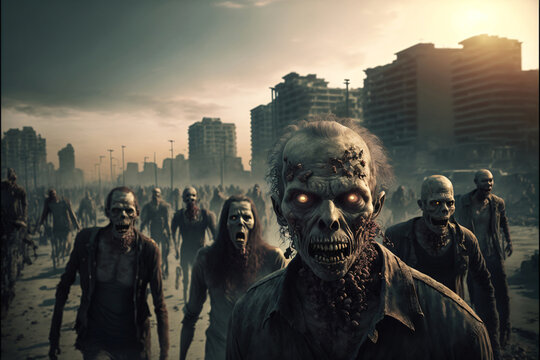 Group of undead zombies walking towards the camera. Designed using generative ai. 