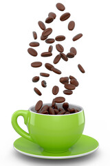 Ceramic coffee cup with coffee beans for americano, espresso, latte on white