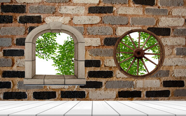 Briks Empty Room with Transparent Window and Green Tree