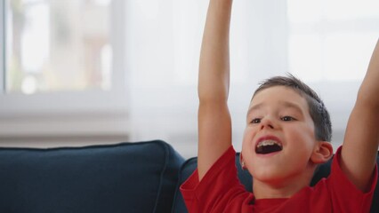 Schoolboy celebrating victory in a video game, leisure time for kids at home