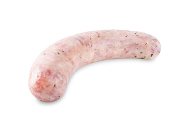 Raw pork sausage in a cream sauce on a white isolated background