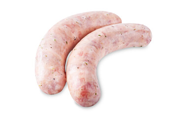 Raw pork sausage in a cream sauce on a white isolated background