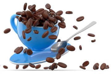 Ceramic coffee cup with coffee beans for americano, espresso, latte on white