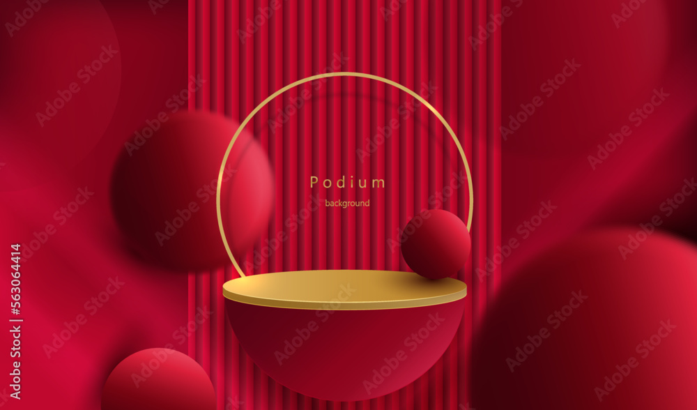 Poster red podium with gold pedestal studio empty room for display product. geometric round stage platform 