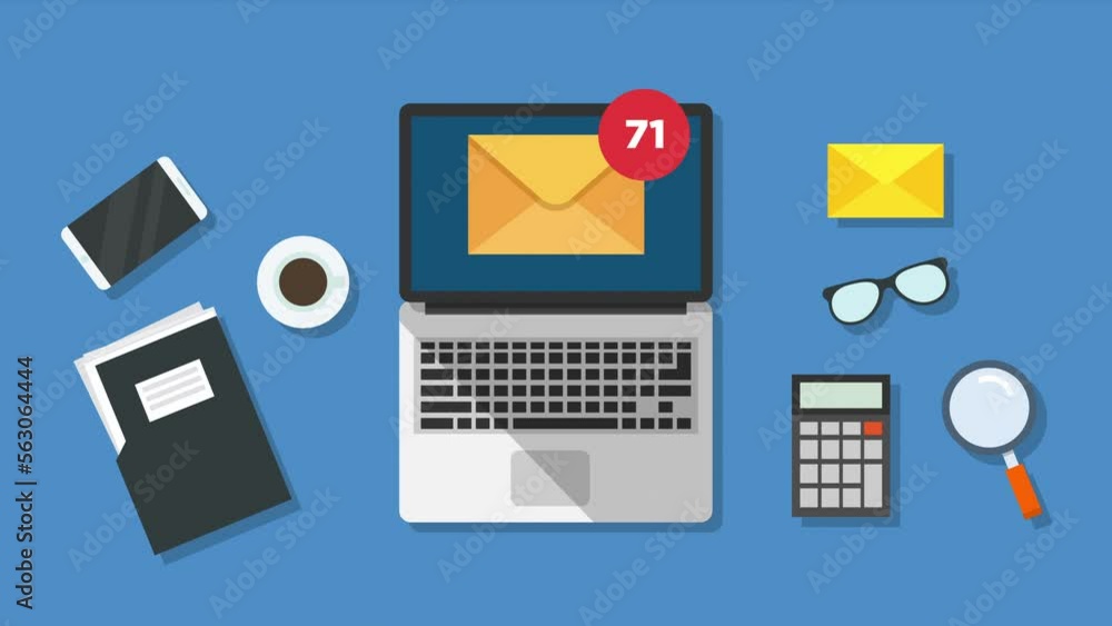 Poster email with counter social media concept motion animation.top view of workplace with opened laptop.fl