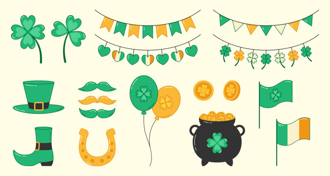 Saint Patricks day element collection. Clover, horseshoe, pot of gold coins, leprechaun hat and shoes. Vector illustration
