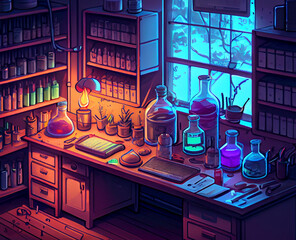Chemistry laboratory, experiment and study room, generative ai illustration