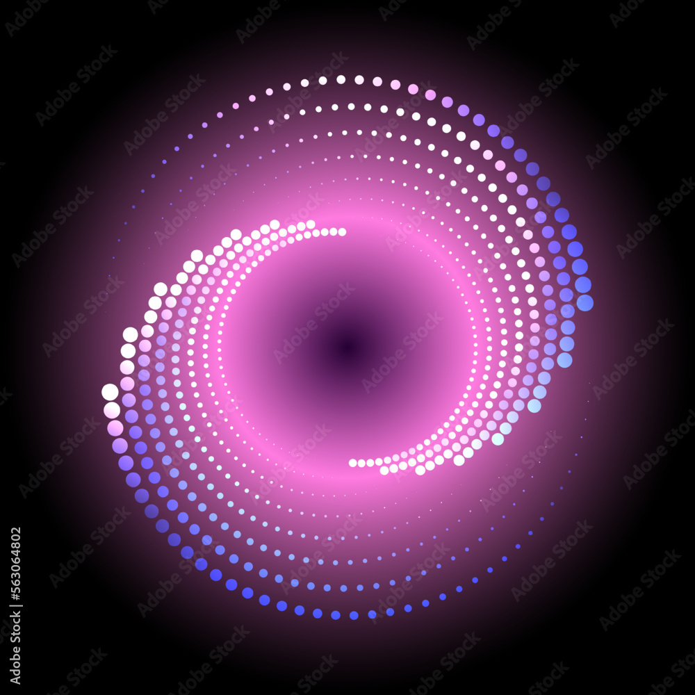 Poster pink circle of dotted halftones with neon glow on a black background. a design element. the effect o