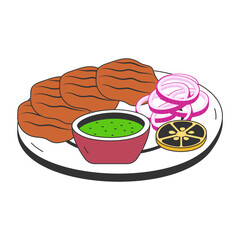 patty bite with seasonal vegetables and ketchup vector icon design, Fast Food symbol, Junk food sign, popular inexpensive good taste snacks stock illustration, Lamb Chapli Kabab concept