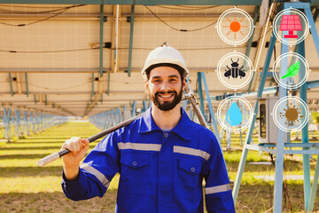 Portrait happy handsome smart male worker electrical engineer in charge of solar panels Hand...