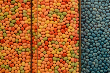 multi-colored candies on a shop window.