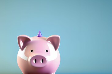 3D Piggy bank with a party hat over a blue flat background. Generative AI