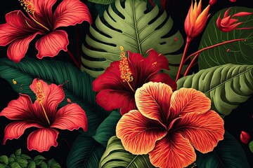 Tropical Hawaiian pattern with hibiscus flowers