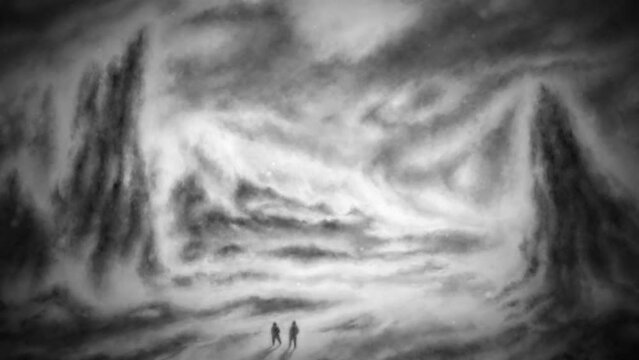 Two men walking through valley. Dark lowland scary 2D animation. Horror fantasy genre. Despair in fog apocalypse video. Hazy landscape inspiring melancholy. Coal noise effect. Black white background.