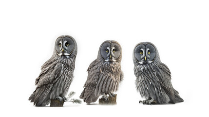 Great Grey Owl perched on white background. The  raptor bird of prey is isolated on a white background. The image was created with digital art.	