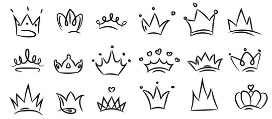 Doodle crown. Line art king or queen crown sketch, fellow crowned head tiara, beautiful diadem and luxury decals vector illustration set. Linear royal head accessories collection