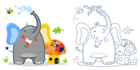 Vector illustration of cartoon elephant with insects playing water, ladybug on mushroom. Coloring book or page for kids