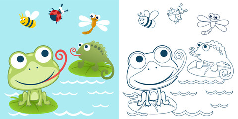Vector illustration of cartoon frog and chameleon on lotus leaf with bugs. Coloring book or page for kids