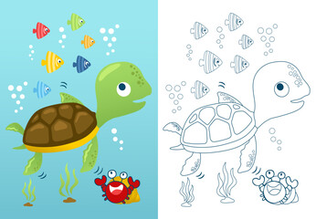 Vector illustration of cartoon funny marine animals. Coloring book or page for kids