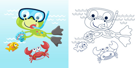Vector illustration of cartoon funny frog wearing diving goggles with marine animals. Coloring book or page for kids