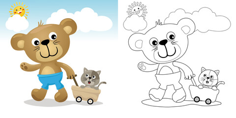Obraz premium Vector illustration of cartoon bear pulling cat on cart. Coloring book or page for kids