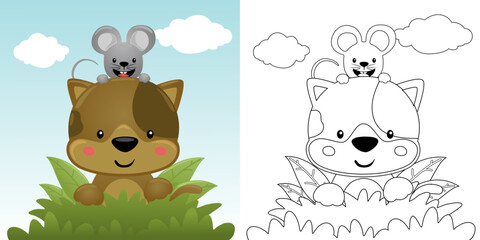 Vector illustration of cartoon cat with mouse in bushes. Coloring book or page for kids