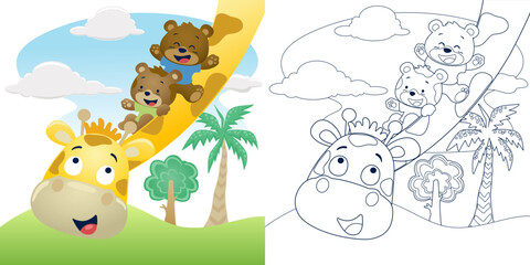 Vector illustration of cartoon funny animals, bear and cat sliding on giraffe's neck in forest. Coloring book or page for kids