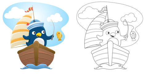 Vector illustration of cartoon funny penguin wearing sailor cap fishing on sailboat. Coloring book or page for kids