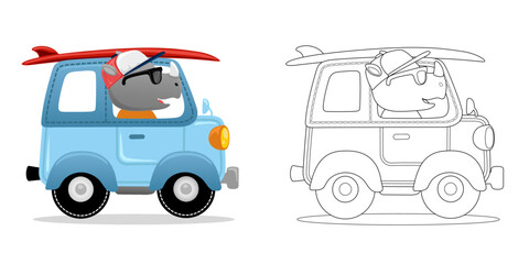 Vector illustration of cartoon funny rhino driving car carrying surfboard. Coloring book or page