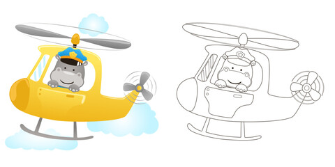 Vector illustration of cartoon hippo wearing pilot cap on helicopter. Coloring book or page for kids