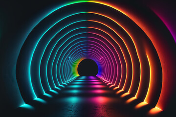 futuristic tunnel at night lit with repeating neon lights made by generative ai