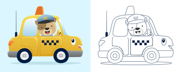 Vector illustration of cartoon funny cat driving taxi. Coloring book or page for kids