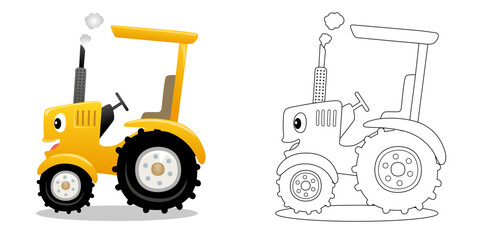 Vector illustration of cartoon funny yellow tractor. Coloring book or page for kids
