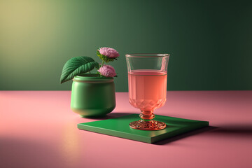 pink beverage in a glass with green accents made by generative ai