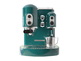 Coffee Machine Isolated on white background. Retro dark green color electric coffee maker. 3d render illustration. Transparent png, clipart