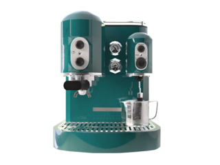 Coffee Machine Isolated on white background. Retro dark green color electric coffee maker. 3d render illustration. Transparent png, clipart
