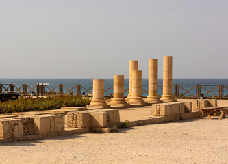 Ancient columns in the city of Cesaria, Israel