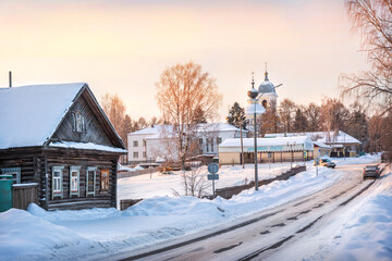 View of the dome of the Assumption Cathedral and a wooden house, Karl Liebknecht street, Myshkin...