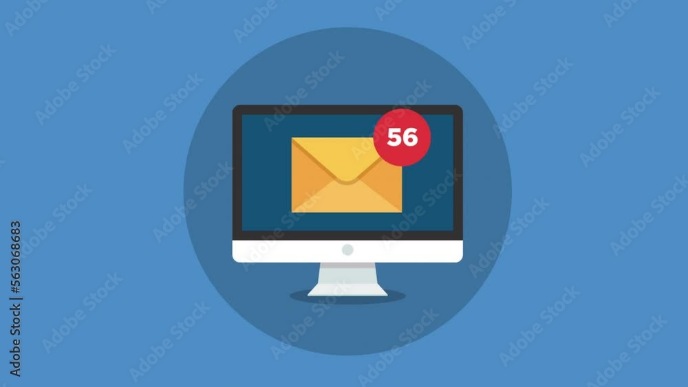 Poster email with counter social media concept motion animation. desktop computer pc flat design.pc monitor