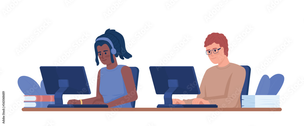 Poster young colleagues using coworking spaces semi flat color vector characters. editable figures. full bo