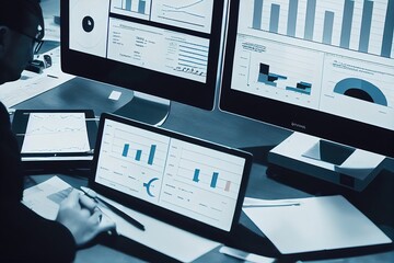 Fototapeta premium Business people working on laptop with DATA analytics. Genarative AI