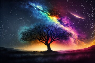 Galaxy universe under tree. Spiritual Consciousness Concept. Generative AI.