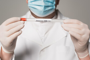 Cropped view of blurred doctor in latex gloves holding throat swab with omicron xbb lettering isolated on grey.