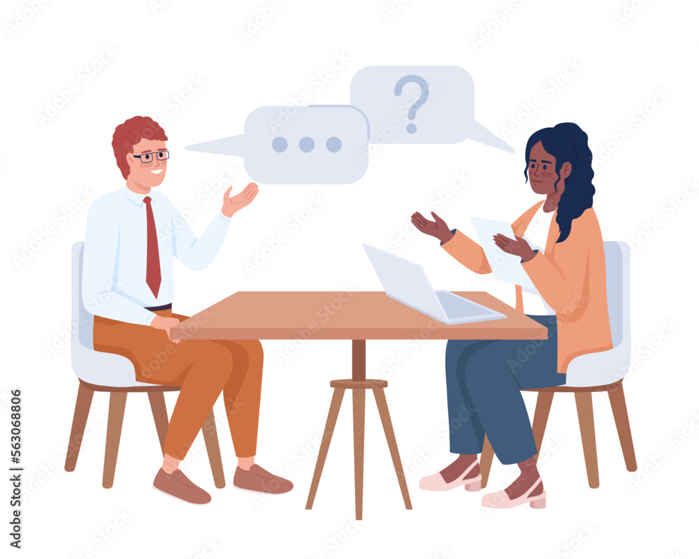 Poster female interviewer asking potential employee semi flat color vector characters. editable figures. fu