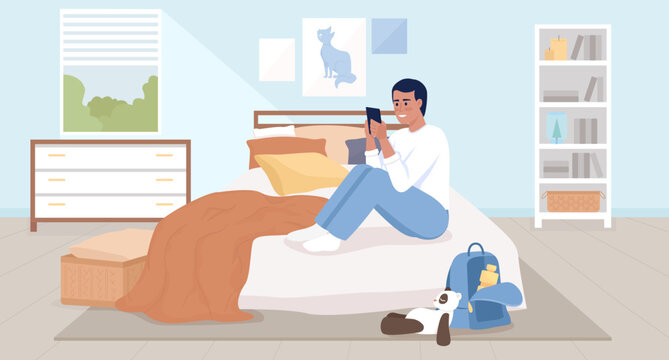 Spending too much time on phone flat color vector illustration. Adolescent boy texting with friends and sitting on bed. Fully editable 2D simple cartoon character with bedroom interior on background