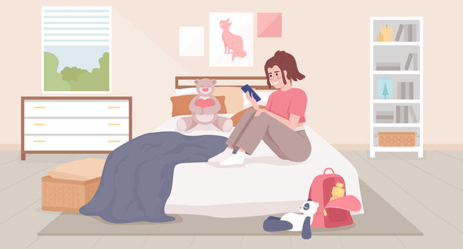 Messaging on smartphone in bedroom flat color vector illustration. Adolescent girl talking with friends online. Fully editable 2D simple cartoon character with bedroom interior on background