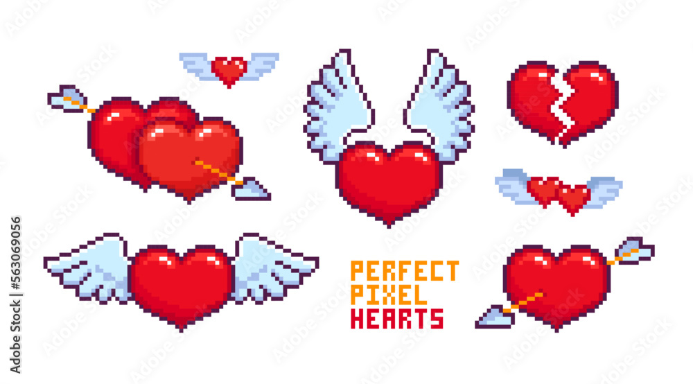 Poster 8-bit pixel hearts with arrow - editable vector. cartoon couple hearts in retro computer game pixel 